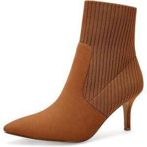 Women's Brown Suede Pointed Toe Stiletto Kitten Heel Knit Faux Suede Ankle Boots